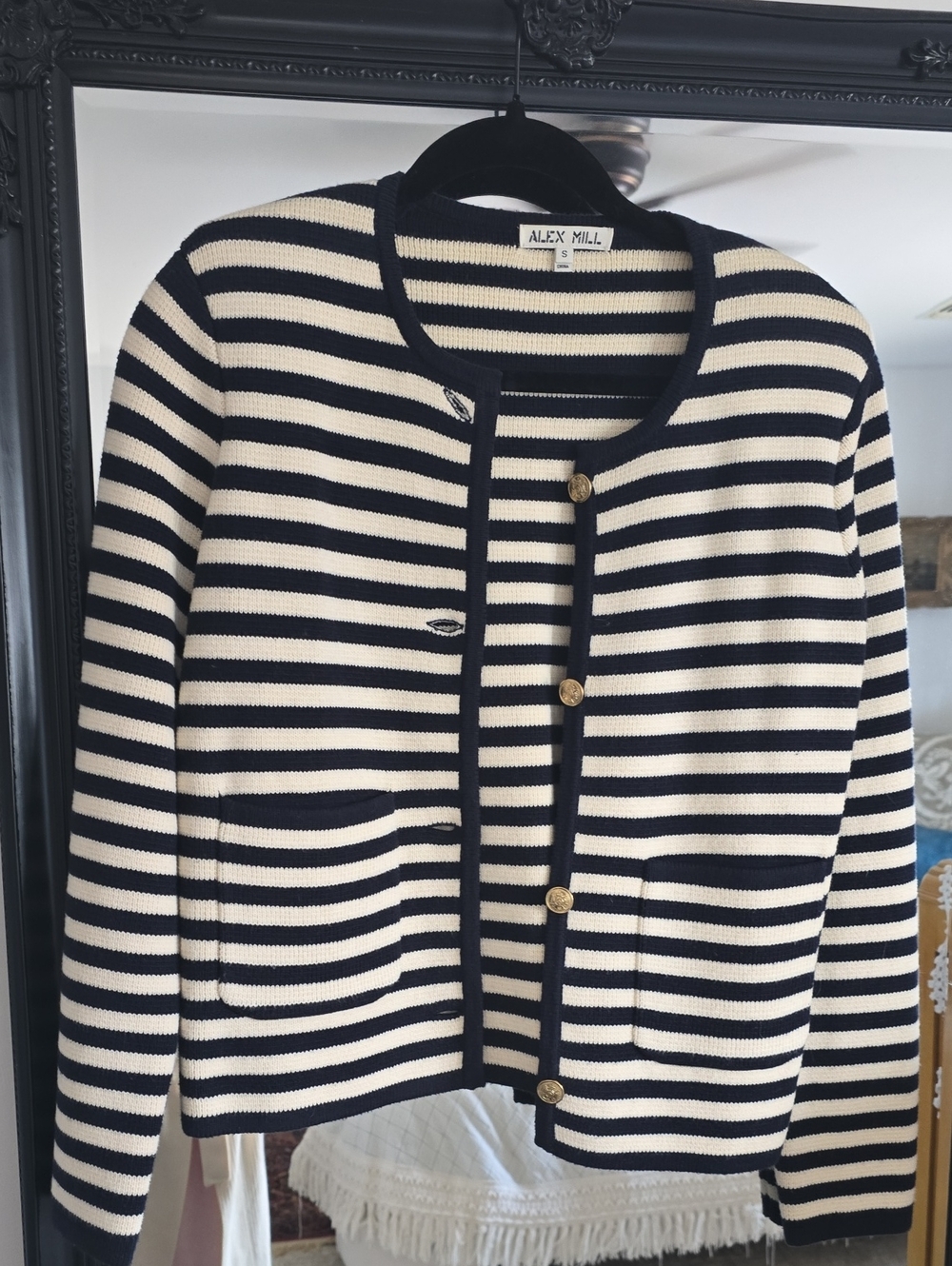 Alex Mill Navy & Cream Striped Knit Cardigan with Gold Buttons